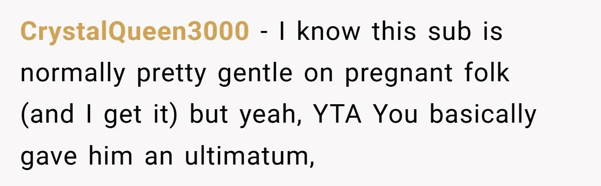 CrystalQueen3000 − I know this sub is normally pretty gentle on pregnant folk (and I get it) but yeah, YTA You basically gave him an ultimatum,