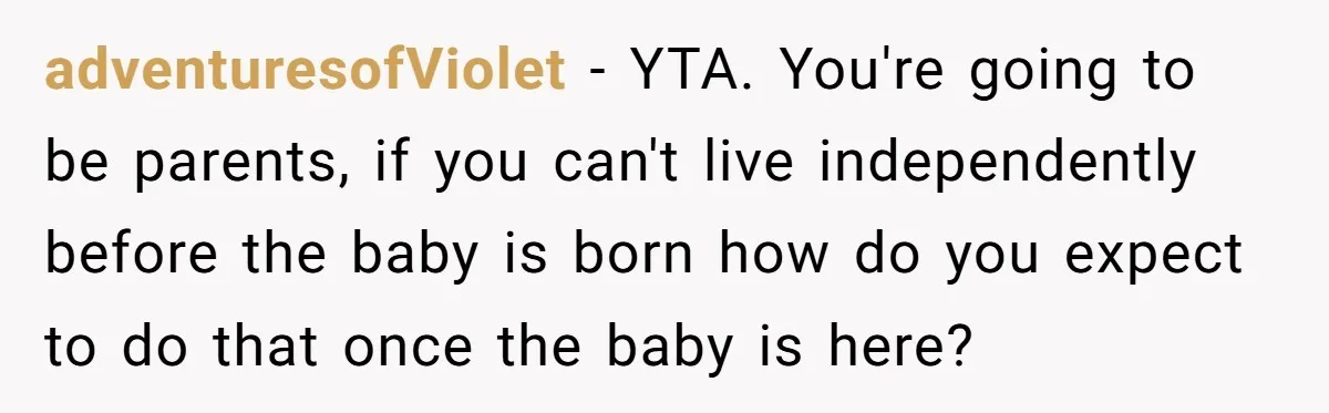 adventuresofViolet − YTA. You're going to be parents, if you can't live independently before the baby is born how do you expect to do that once the baby is here?