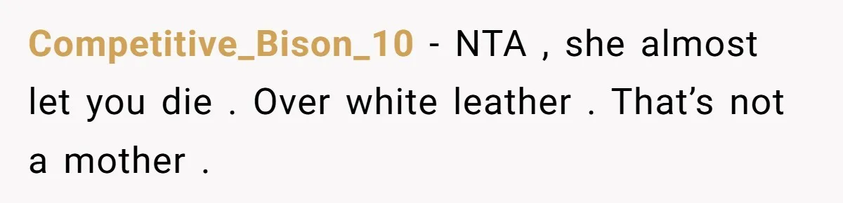 Competitive_Bison_10 − NTA , she almost let you die . Over white leather . That’s not a mother .