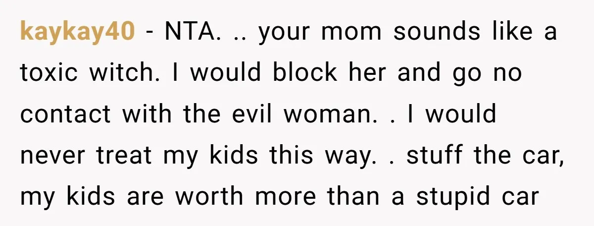 kaykay40 − NTA. .. your mom sounds like a toxic witch. I would block her and go no contact with the evil woman. . I would never treat my kids...