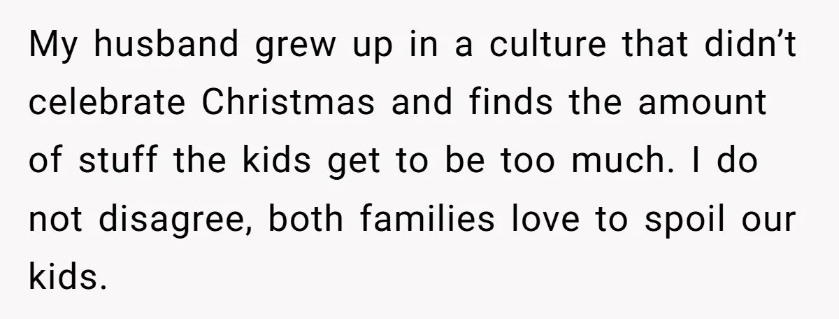My husband grew up in a culture that didn’t celebrate Christmas and finds the amount of stuff the kids get to be too much. I do not disagree, both families...