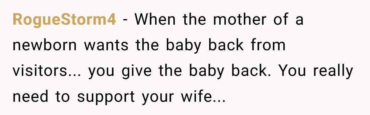 RogueStorm4 - When the mother of a newborn wants the baby back from visitors... you give the baby back. You really need to support your wife...