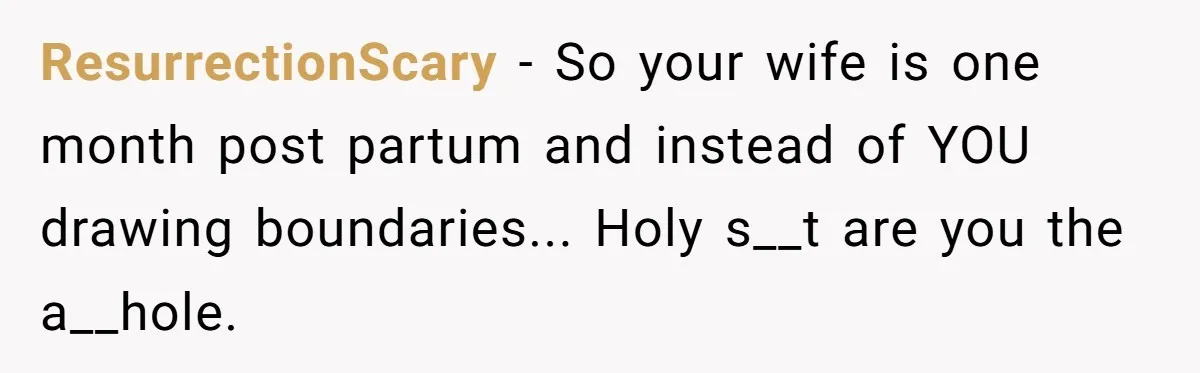 ResurrectionScary - So your wife is one month post partum and instead of YOU drawing boundaries... Holy s__t are you the a__hole.