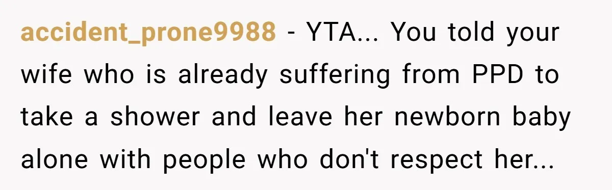 accident_prone9988 - YTA... You told your wife who is already suffering from PPD to take a shower and leave her newborn baby alone with people who don't respect her...