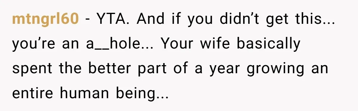 mtngrl60 - YTA. And if you didn’t get this... you’re an a__hole... Your wife basically spent the better part of a year growing an entire human being...