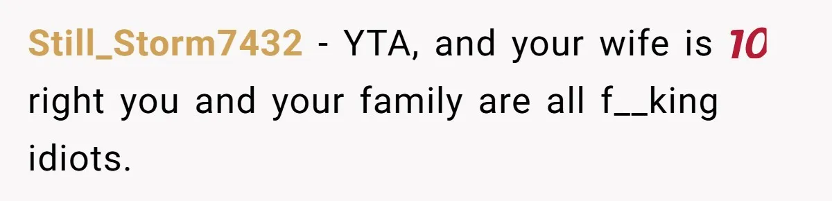 Still_Storm7432 - YTA, and your wife is 💯 right you and your family are all f__king idiots.
