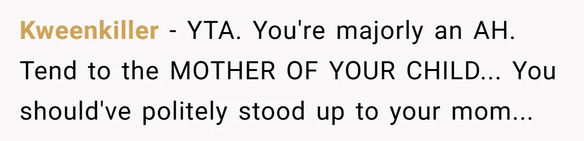 Kweenkiller - YTA. You're majorly an AH. Tend to the MOTHER OF YOUR CHILD... You should've politely stood up to your mom...
