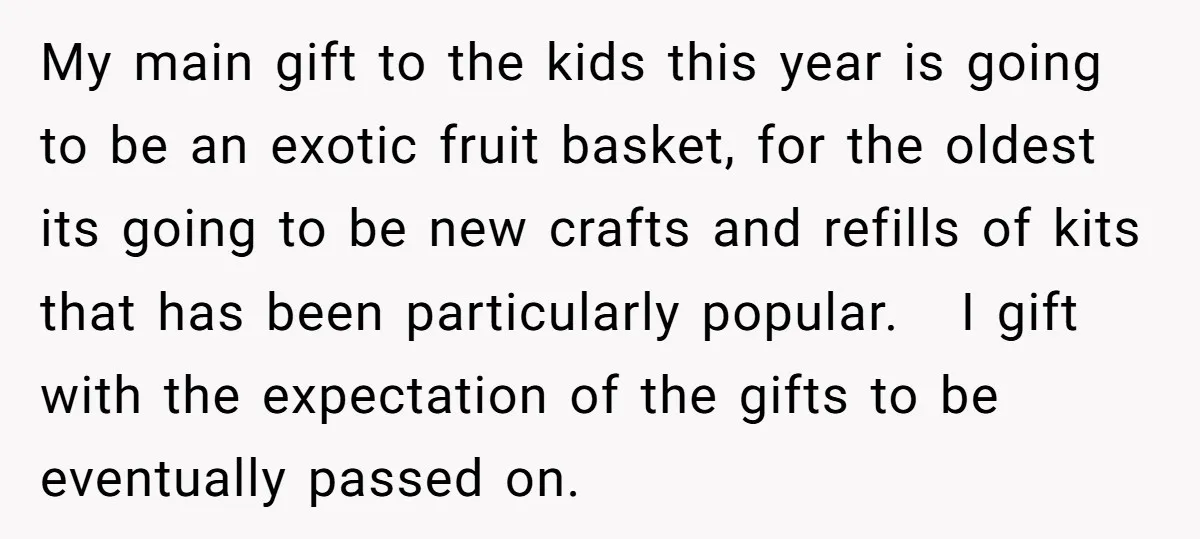 My main gift to the kids this year is going to be an exotic fruit basket, for the oldest its going to be new crafts and refills of kits that...