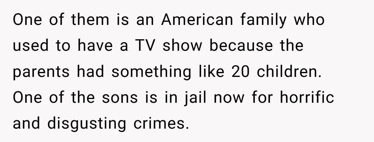 One of them is an American family who used to have a TV show because the parents had something like 20 children. One of the sons is in jail now...
