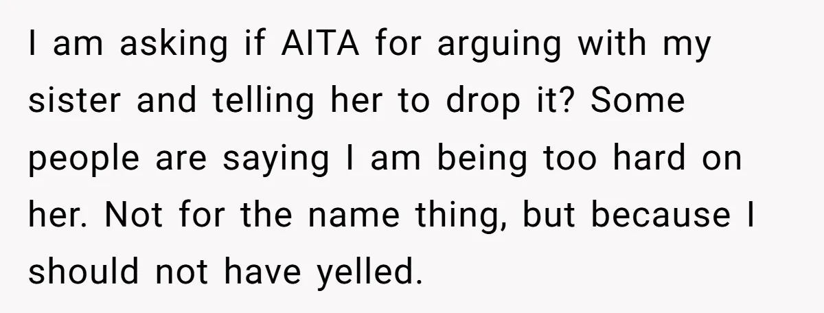 I am asking if AITA for arguing with my sister and telling her to drop it? Some people are saying I am being too hard on her. Not for the...