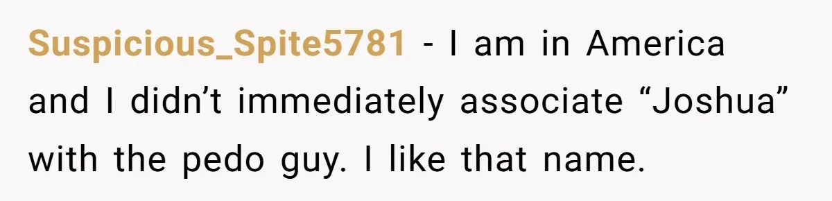 Suspicious_Spite5781 − I am in America and I didn’t immediately associate “Joshua” with the pedo guy. I like that name.