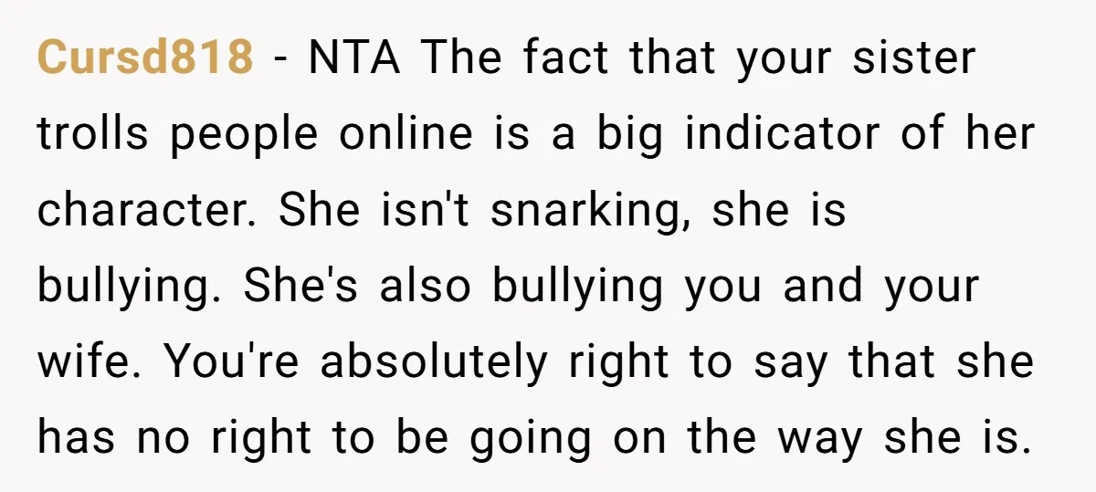 Cursd818 − NTA The fact that your sister trolls people online is a big indicator of her character. She isn't snarking, she is bullying. She's also bullying you and your...