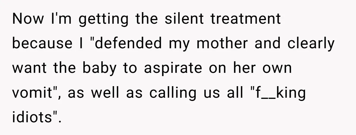 Now I'm getting the silent treatment because I "defended my mother and clearly want the baby to aspirate on her own vomit", as well as calling us all "f__king idiots".
