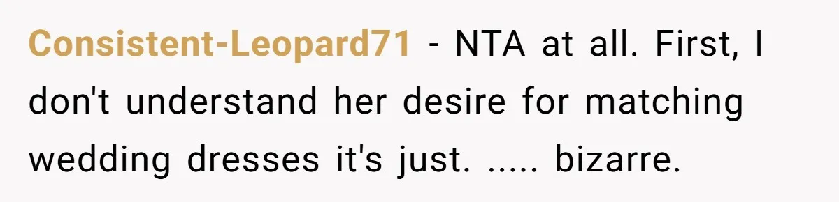Consistent-Leopard71 − NTA at all. First, I don't understand her desire for matching wedding dresses it's just. ..... bizarre.