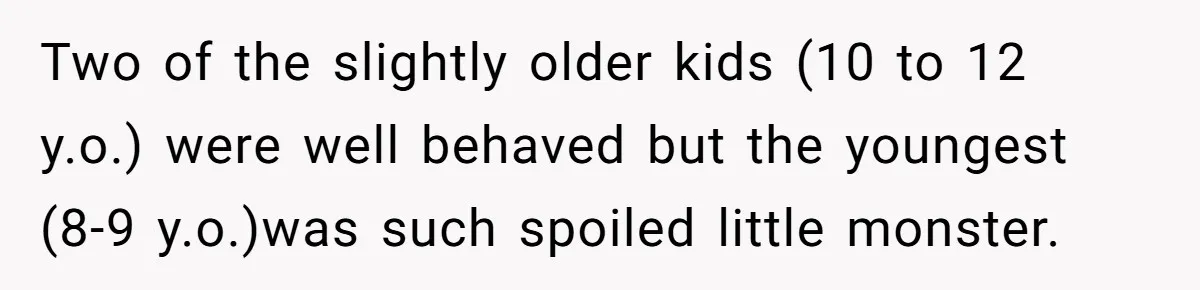 Two of the slightly older kids (10 to 12 y.o.) were well behaved but the youngest (8-9 y.o.)was such spoiled little monster.
