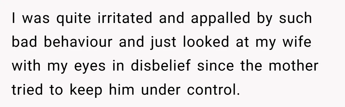 I was quite irritated and appalled by such bad behaviour and just looked at my wife with my eyes in disbelief since the mother tried to keep him under control.