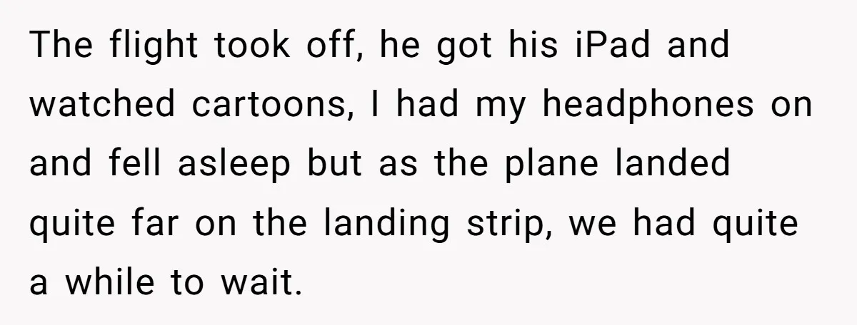 The flight took off, he got his iPad and watched cartoons, I had my headphones on and fell asleep but as the plane landed quite far on the landing strip,...