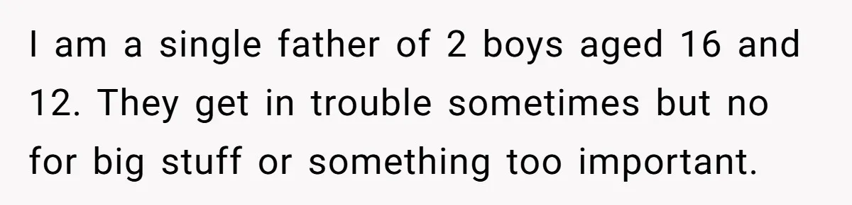 I am a single father of 2 boys aged 16 and 12. They get in trouble sometimes but no for big stuff or something too important.