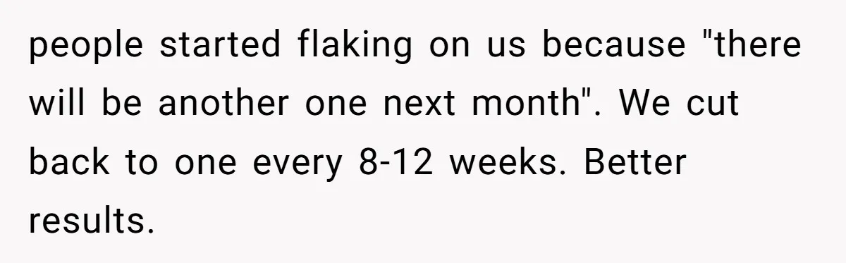 people started flaking on us because "there will be another one next month". We cut back to one every 8-12 weeks. Better results.