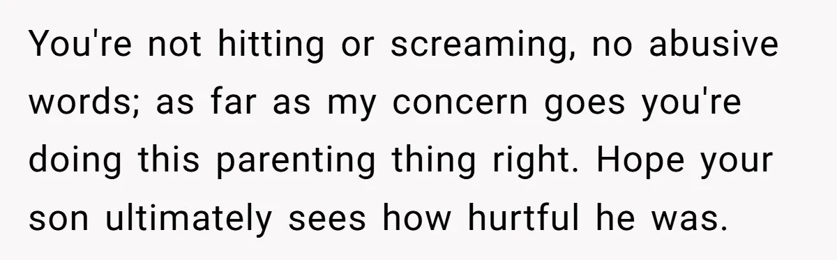 You're not hitting or screaming, no abusive words; as far as my concern goes you're doing this parenting thing right. Hope your son ultimately sees how hurtful he was.