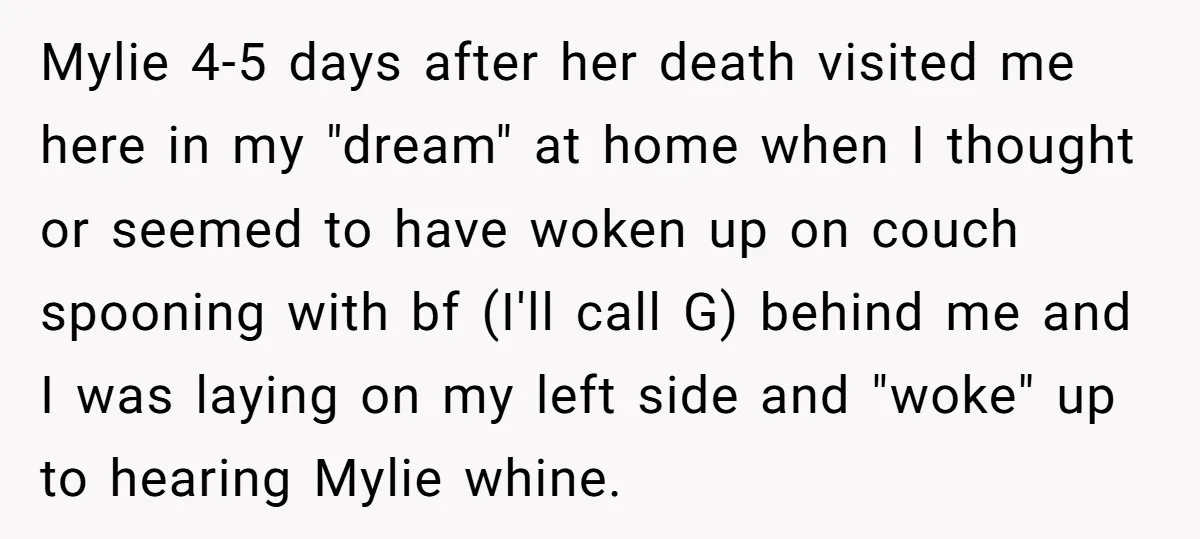 Mylie 4-5 days after her death visited me here in my "dream" at home when I thought or seemed to have woken up on couch spooning with bf (I'll call...