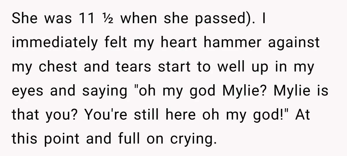 She was 11 ½ when she passed). I immediately felt my heart hammer against my chest and tears start to well up in my eyes and saying "oh my god...