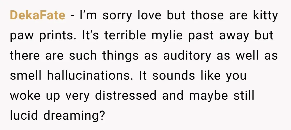 DekaFate − I’m sorry love but those are kitty paw prints. It’s terrible mylie past away but there are such things as auditory as well as smell hallucinations. It sounds...
