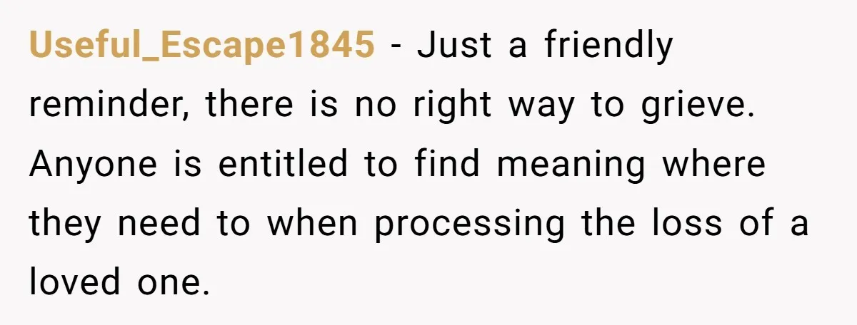 Useful_Escape1845 − Just a friendly reminder, there is no right way to grieve. Anyone is entitled to find meaning where they need to when processing the loss of a loved...
