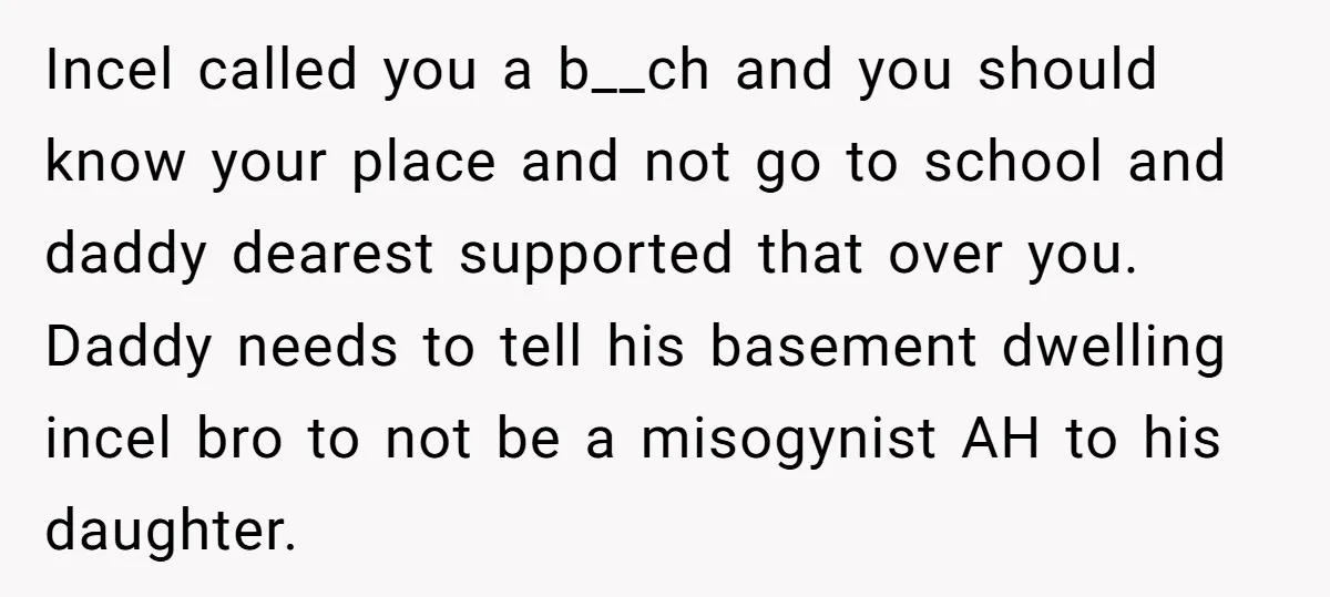 Incel called you a b__ch and you should know your place and not go to school and daddy dearest supported that over you. Daddy needs to tell his basement dwelling...