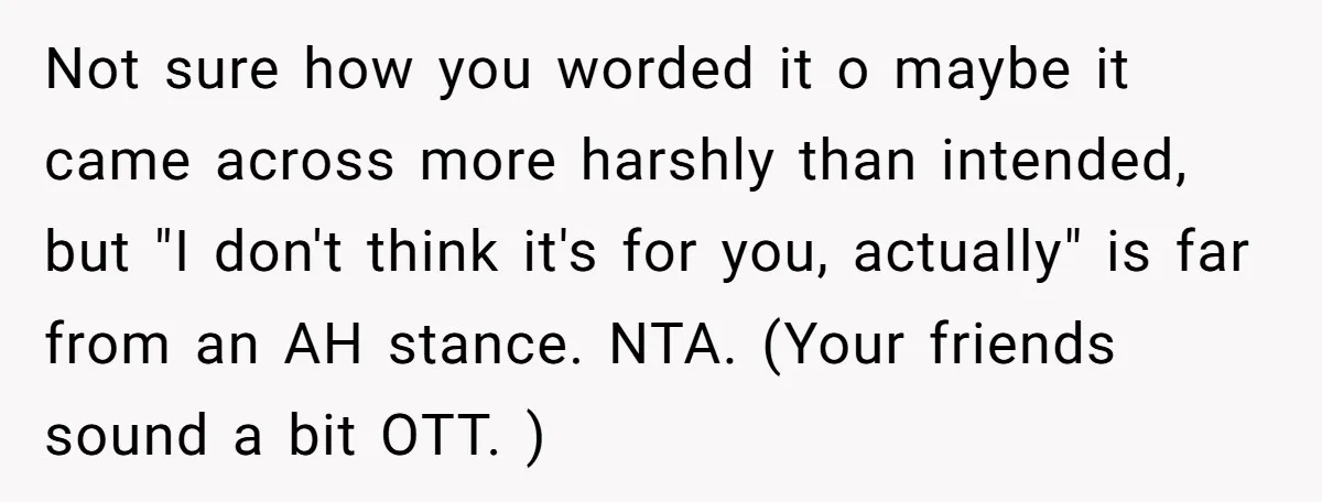 Not sure how you worded it o maybe it came across more harshly than intended, but "I don't think it's for you, actually" is far from an AH stance. NTA....