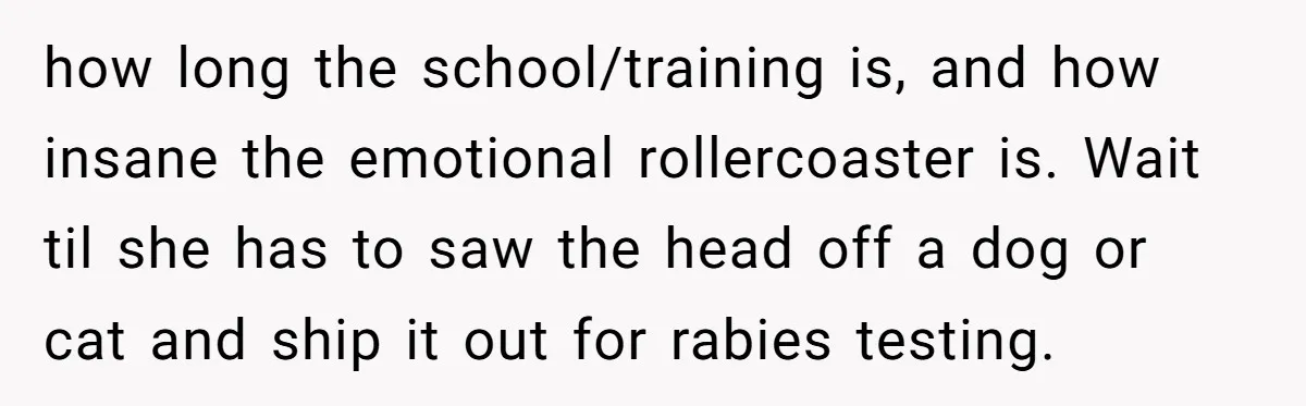 how long the school/training is, and how insane the emotional rollercoaster is. Wait til she has to saw the head off a dog or cat and ship it out for...