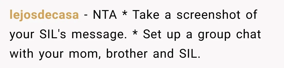 lejosdecasa − NTA * Take a screenshot of your SIL's message. * Set up a group chat with your mom, brother and SIL.