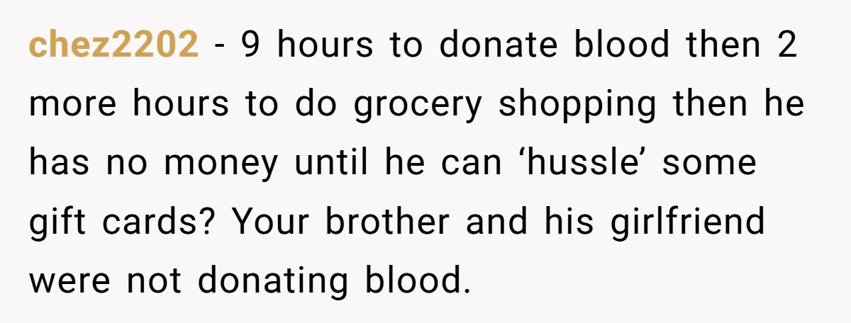 chez2202 − 9 hours to donate blood then 2 more hours to do grocery shopping then he has no money until he can ‘hussle’ some gift cards? Your brother and...