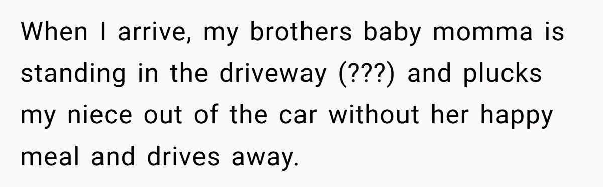 When I arrive, my brothers baby momma is standing in the driveway (???) and plucks my niece out of the car without her happy meal and drives away.