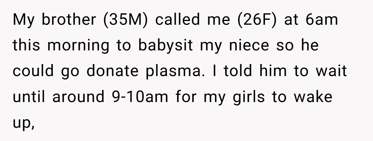 My brother (35M) called me (26F) at 6am this morning to babysit my niece so he could go donate plasma. I told him to wait until around 9-10am for my...