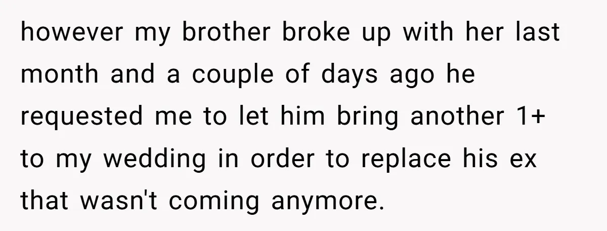 however my brother broke up with her last month and a couple of days ago he requested me to let him bring another 1+ to my wedding in order to...