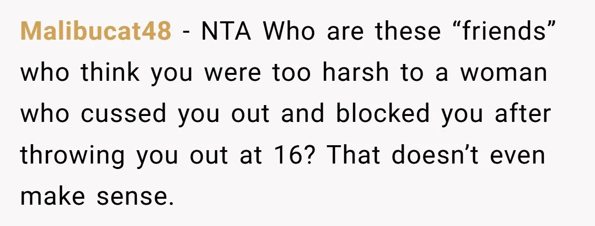 Malibucat48 - NTA Who are these “friends” who think you were too harsh to a woman who cussed you out and blocked you after throwing you out at 16? That...