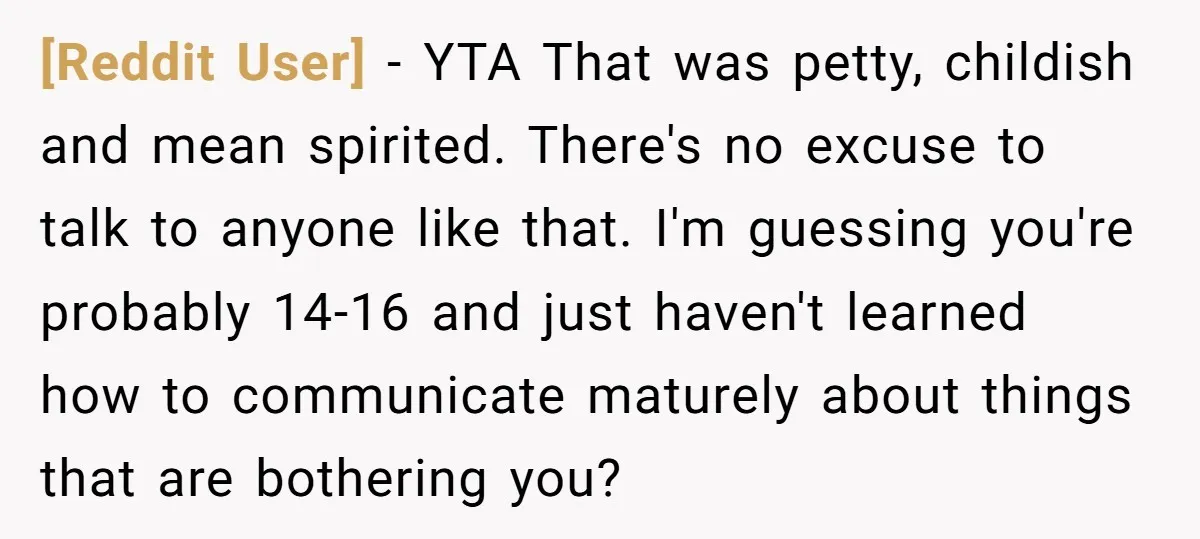 [Reddit User] − YTA That was petty, childish and mean spirited. There's no excuse to talk to anyone like that. I'm guessing you're probably 14-16 and just haven't learned how...
