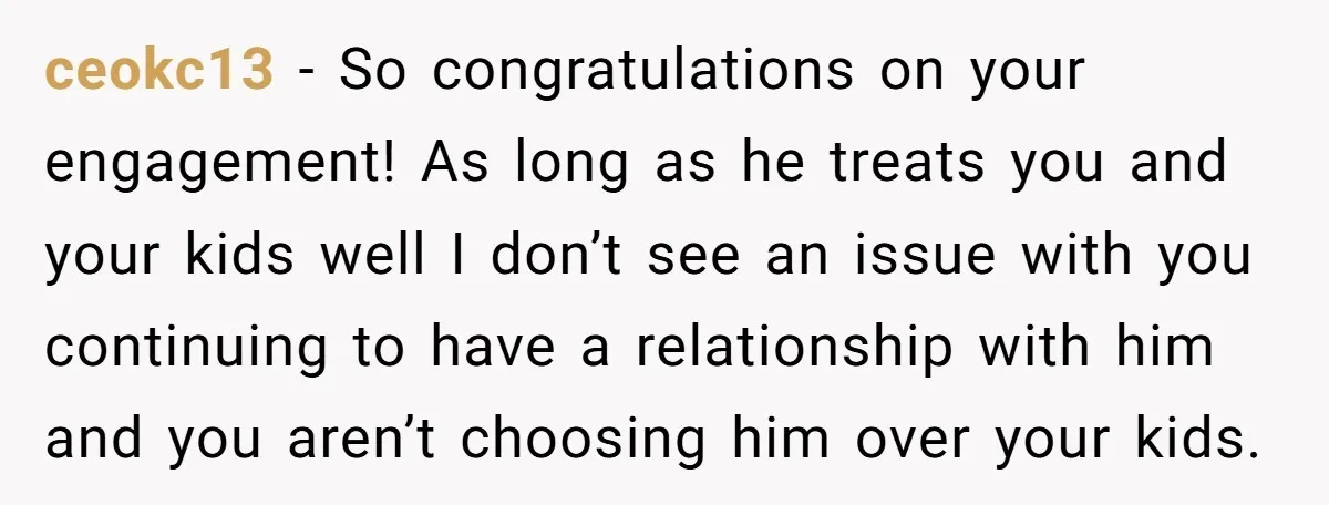 ceokc13 − So congratulations on your engagement! As long as he treats you and your kids well I don’t see an issue with you continuing to have a relationship with...