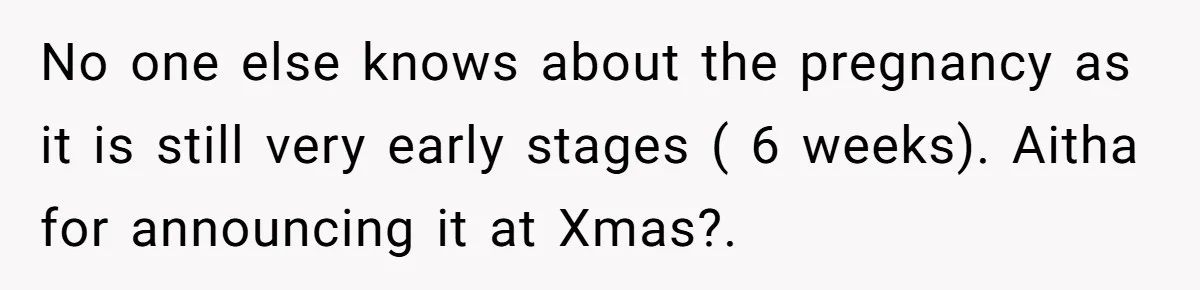 No one else knows about the pregnancy as it is still very early stages ( 6 weeks). Aitha for announcing it at Xmas?.