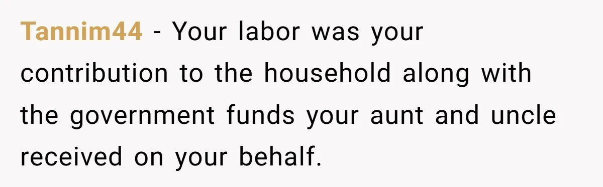 Tannim44 − Your labor was your contribution to the household along with the government funds your aunt and uncle received on your behalf.