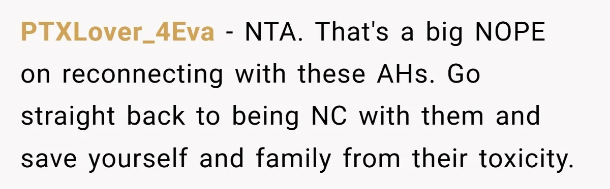 PTXLover_4Eva − NTA. That's a big NOPE on reconnecting with these AHs. Go straight back to being NC with them and save yourself and family from their toxicity.