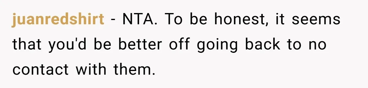 juanredshirt − NTA. To be honest, it seems that you'd be better off going back to no contact with them.