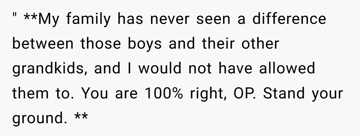 " **My family has never seen a difference between those boys and their other grandkids, and I would not have allowed them to. You are 100% right, OP. Stand your...