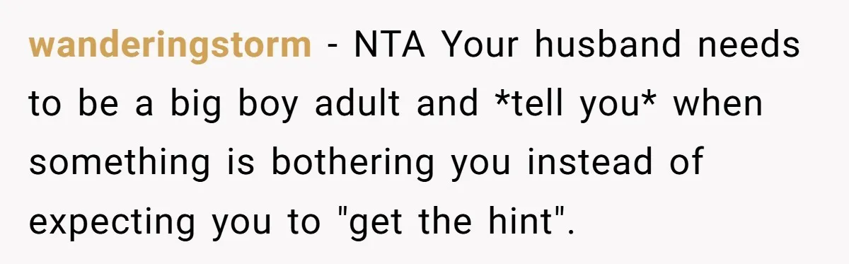 wanderingstorm − NTA Your husband needs to be a big boy adult and *tell you* when something is bothering you instead of expecting you to "get the hint".