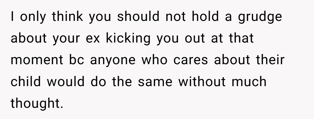 I only think you should not hold a grudge about your ex kicking you out at that moment bc anyone who cares about their child would do the same without...