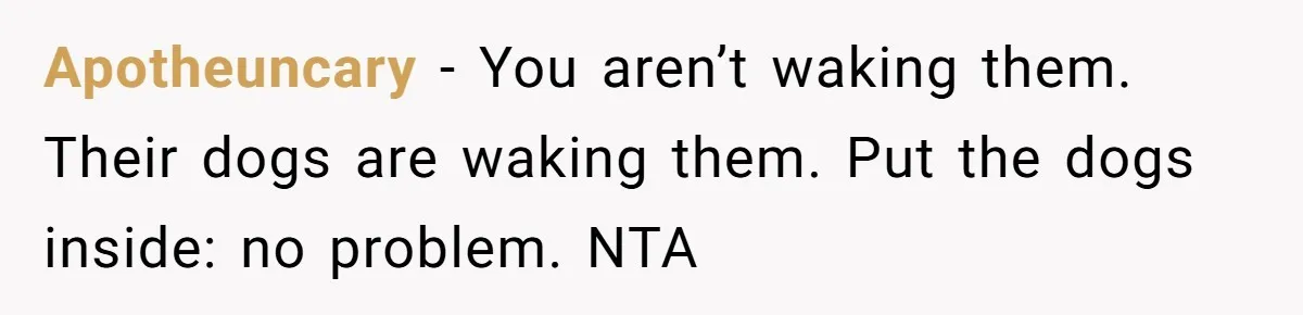Apotheuncary - You aren’t waking them. Their dogs are waking them. Put the dogs inside: no problem. NTA