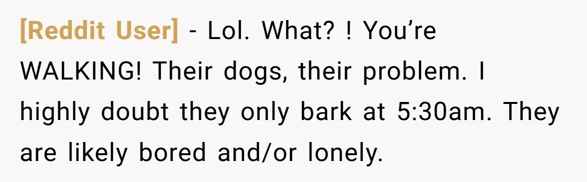 [Reddit User] - Lol. What? ! You’re WALKING! Their dogs, their problem. I highly doubt they only bark at 5:30am. They are likely bored and/or lonely.