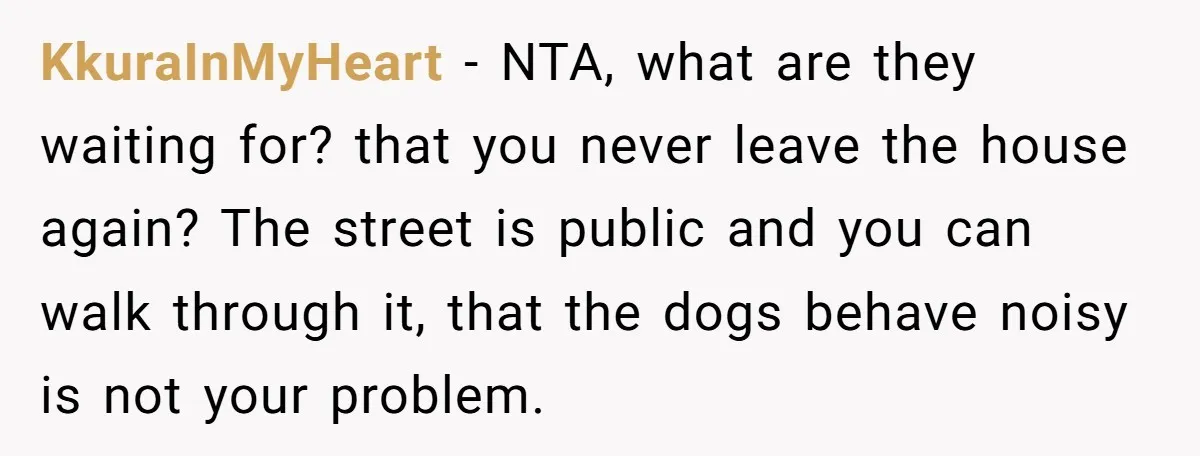 KkuraInMyHeart - NTA, what are they waiting for? that you never leave the house again? The street is public and you can walk through it, that the dogs behave noisy...