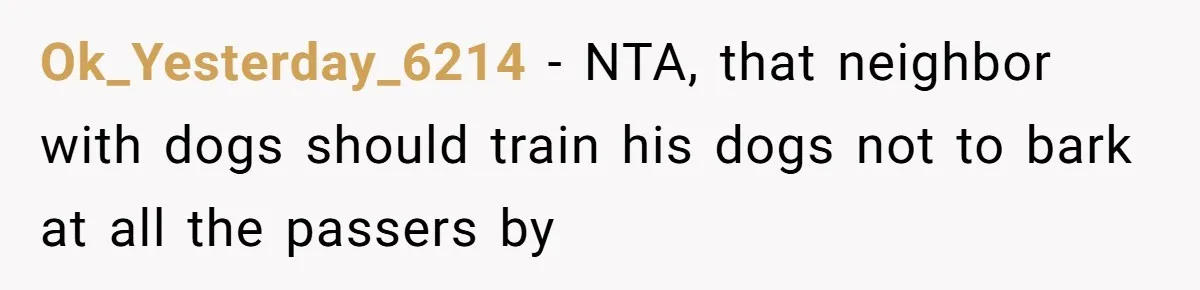 Ok_Yesterday_6214 - NTA, that neighbor with dogs should train his dogs not to bark at all the passers by